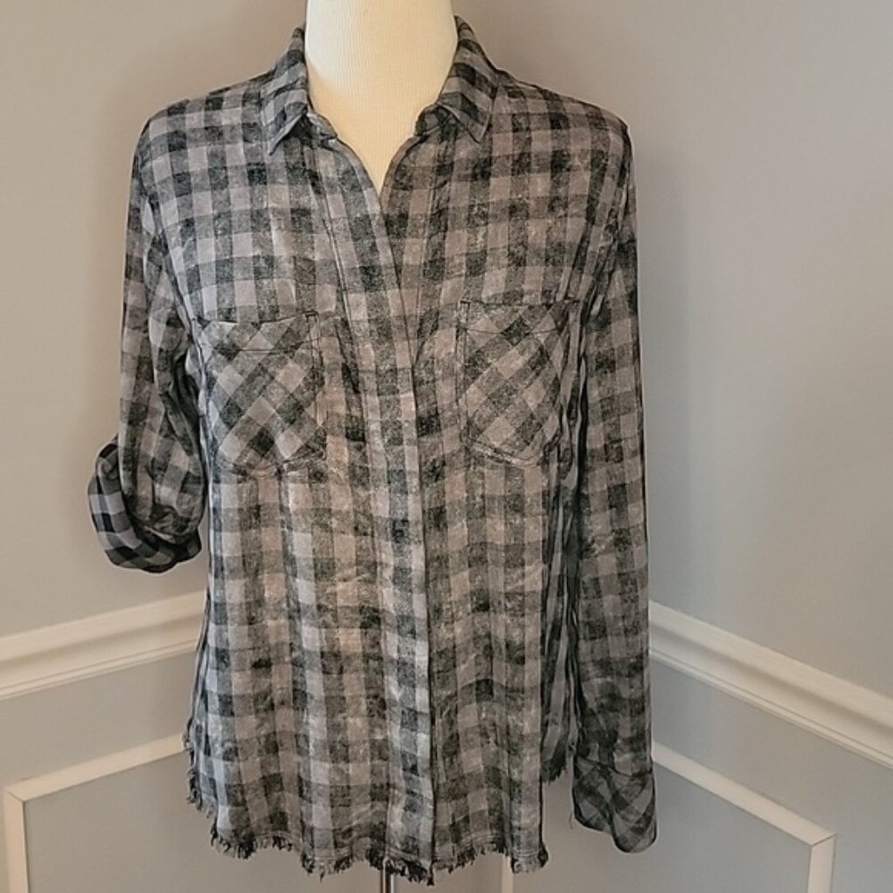 CLOTH & STONE | ANTHRO Gray Plaid Hi Low Raw Hem Western Grunge Button Up Top M